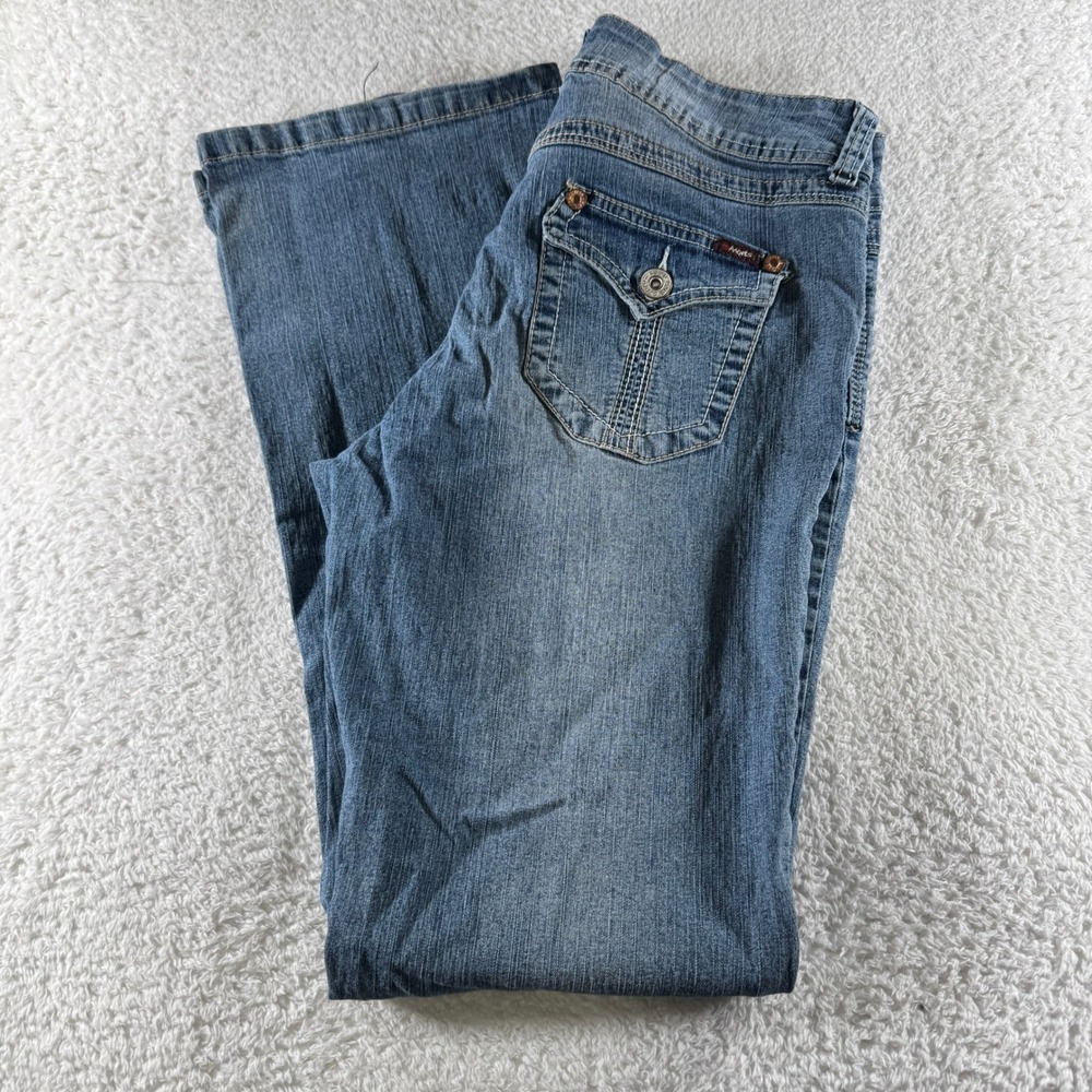 Y2K Angels Jeans Boot Cut Double Button Medium Wash Blue Size 12 32x32 Stretch
